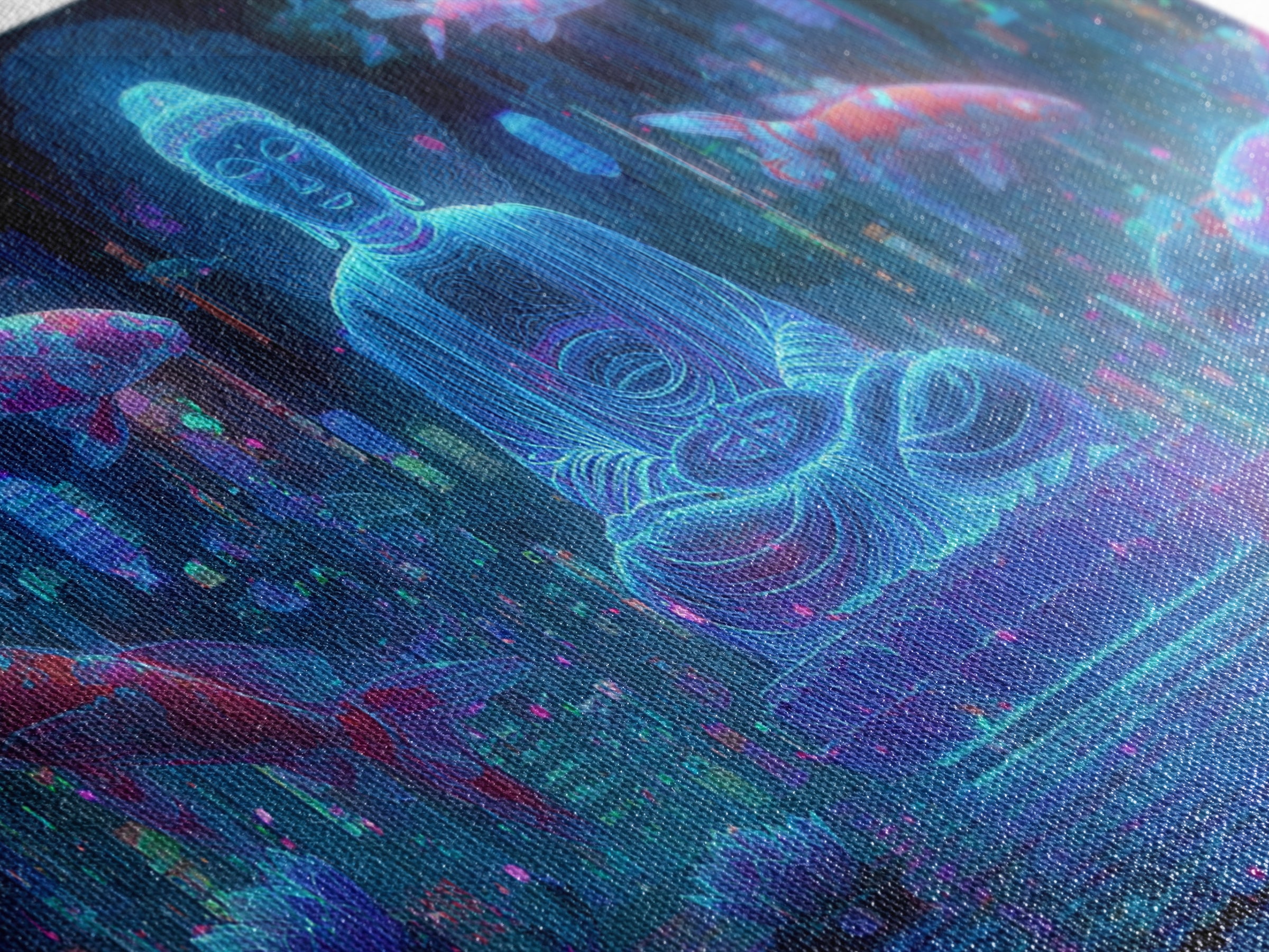 Mystical Neon Buddha Sitting With Koi Fish In Cyber Water Garden Wall Art Digital Canvas Print For Modern Home Decor