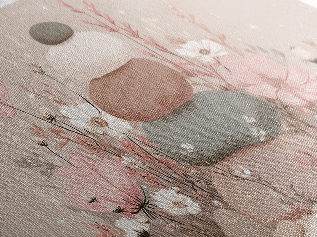 Stacked Zen Stones Wall Art, Pink Floral Spa Decor, Wabi Sabi Neutral Home Decor, Calming Bathroom Meditation Canvas Print