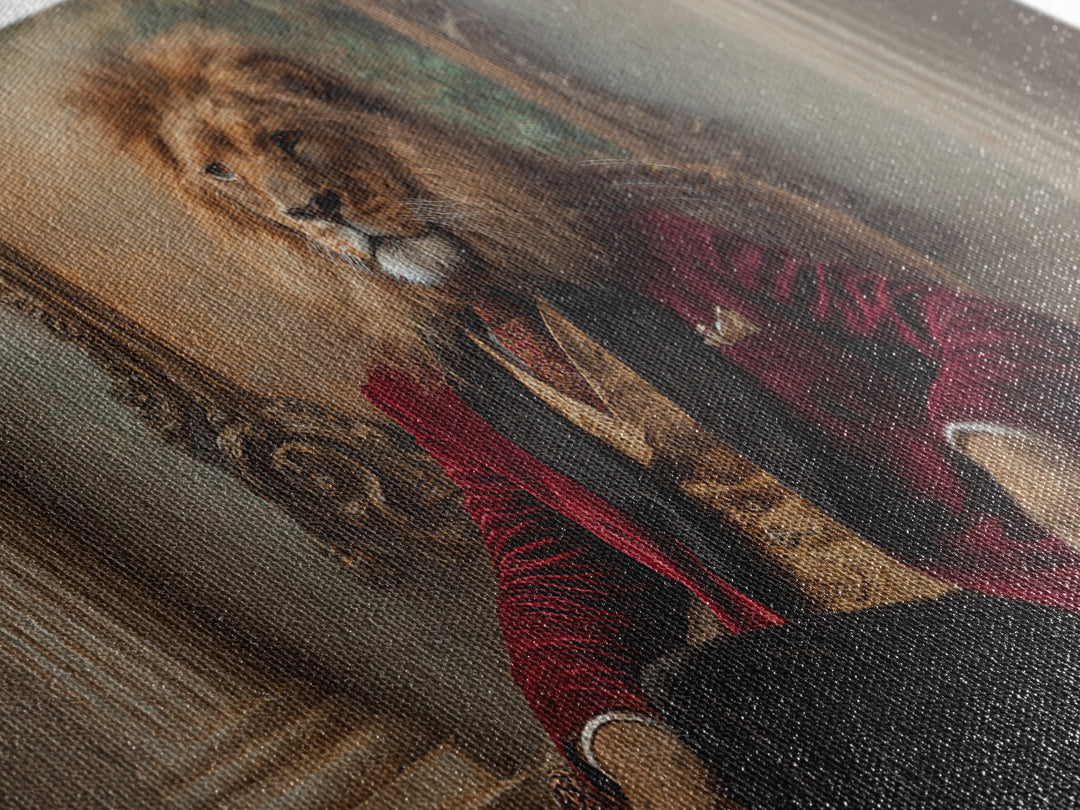 Lion King In Red Velvet Suit Canvas Print, Regal Animal Wall Art, Victorian Portrait, Masculine Office Decor, Gift For Him