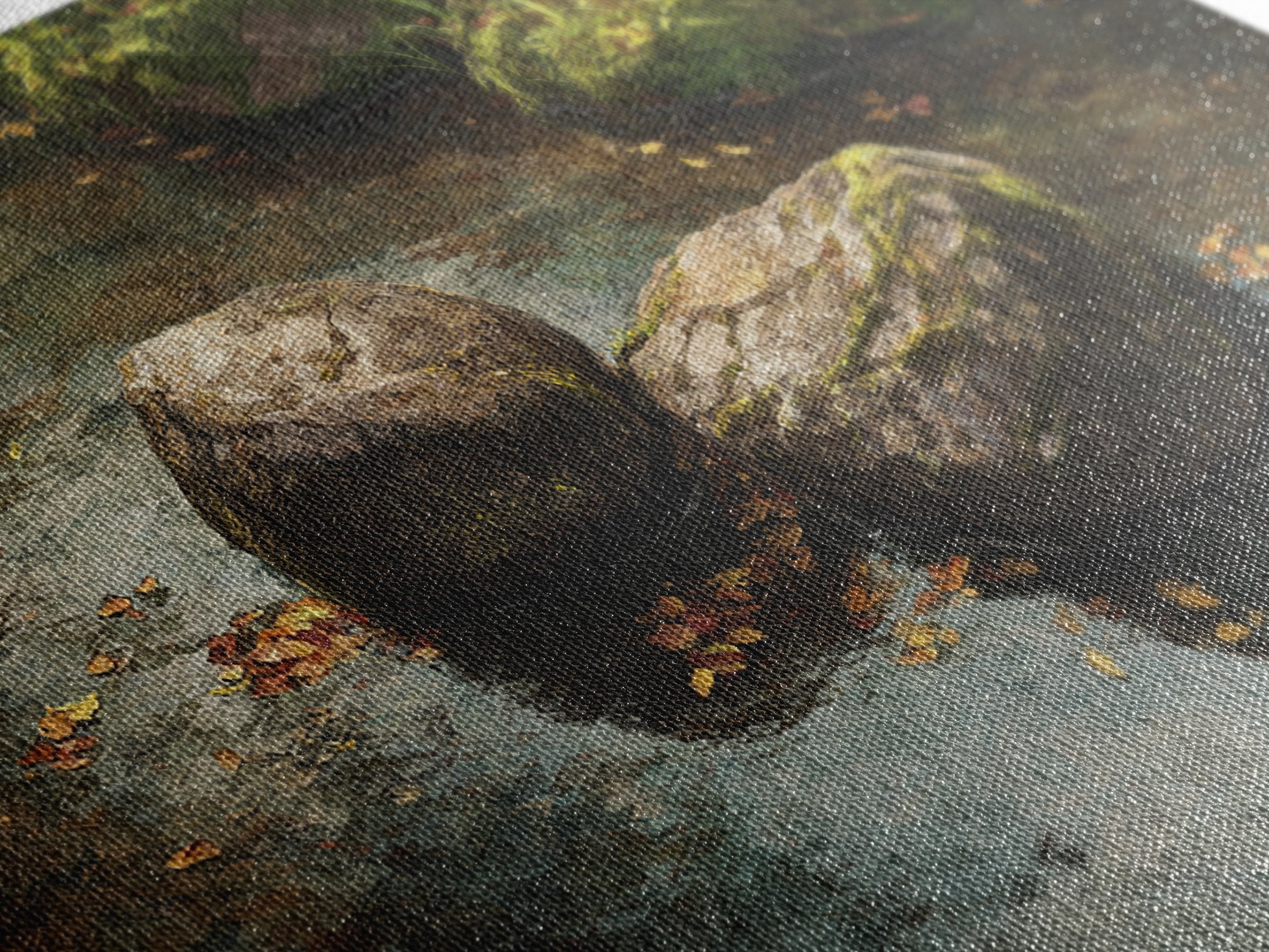Close Up Nature Landscape Painting With Stream And Rocks Canvas Print Wall Art For Rustic Farmhouse Home Decor