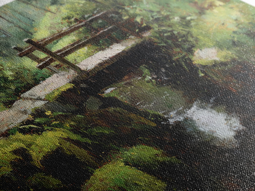Nature Trail With Wooden Bridge Over Stream Forest Waterfall Landscape Painting Canvas Print Wall Art