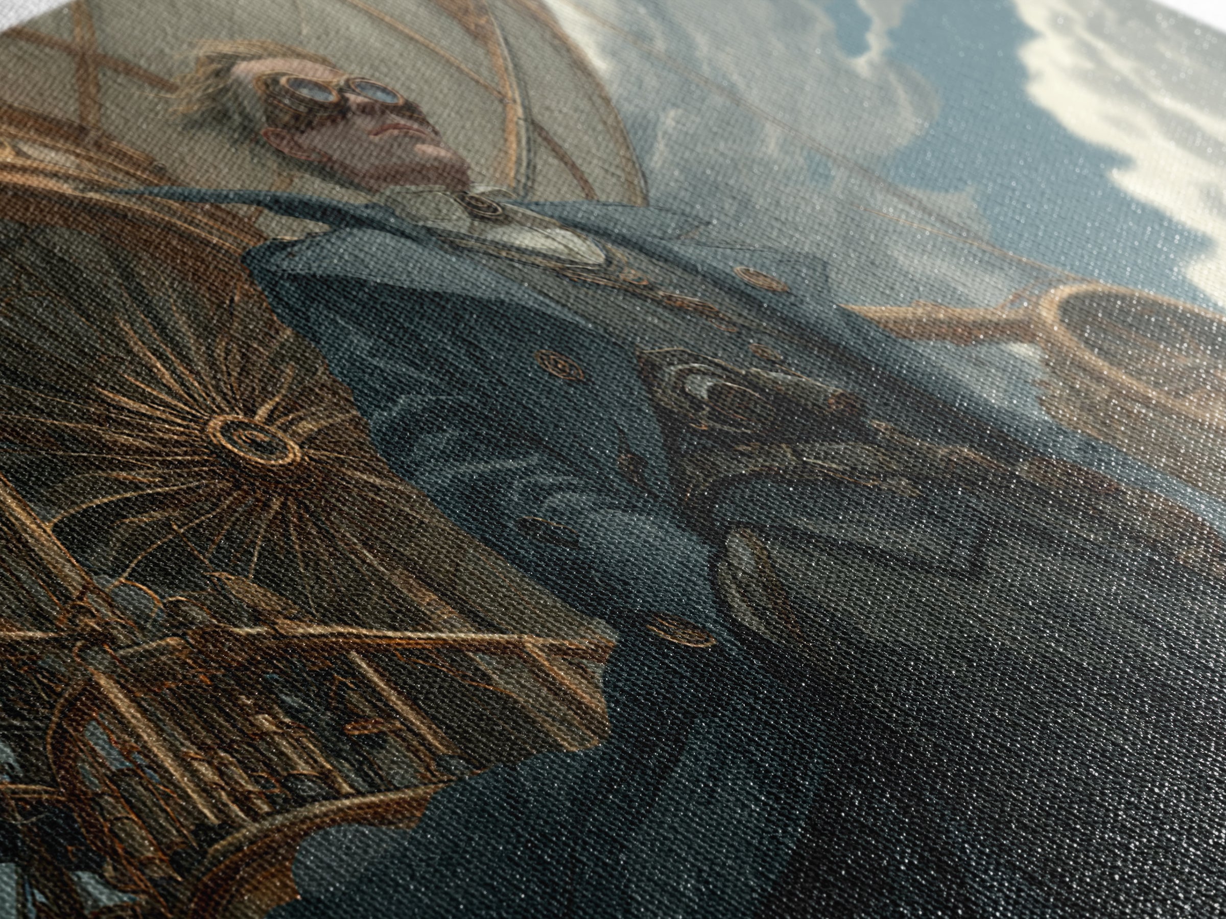 Steampunk Aviator In Blue Coat Canvas Print, Fantasy Wall Art, Industrial Airship Decor, Dramatic Office Art Gift For Him