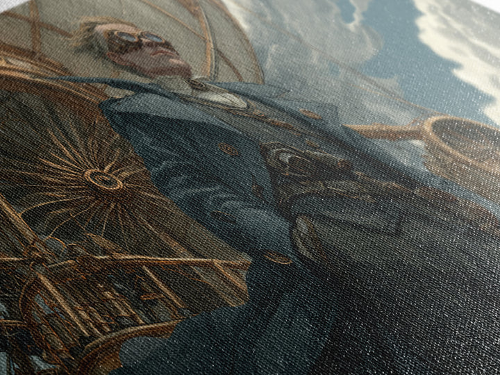 Steampunk Aviator In Blue Coat Canvas Print, Fantasy Wall Art, Industrial Airship Decor, Dramatic Office Art Gift For Him