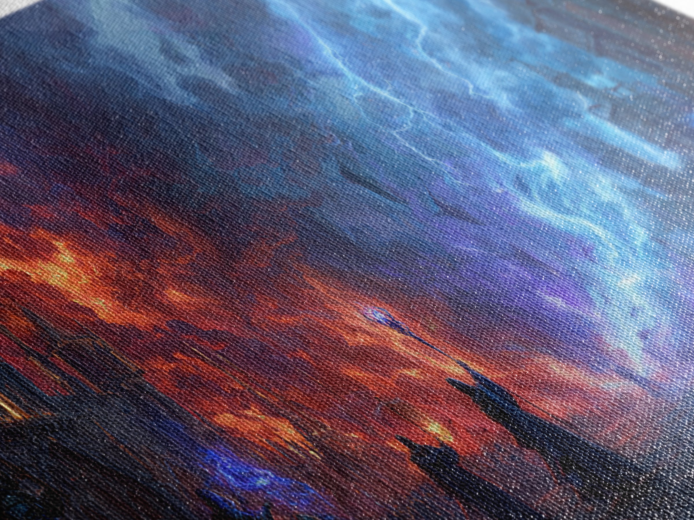 Epic Fire And Lightning Battle Wall Art, Dark Fantasy Art, Dragon Castle Scene, Gothic Wall Decor, Gaming Room Decor, Sci Fi Art