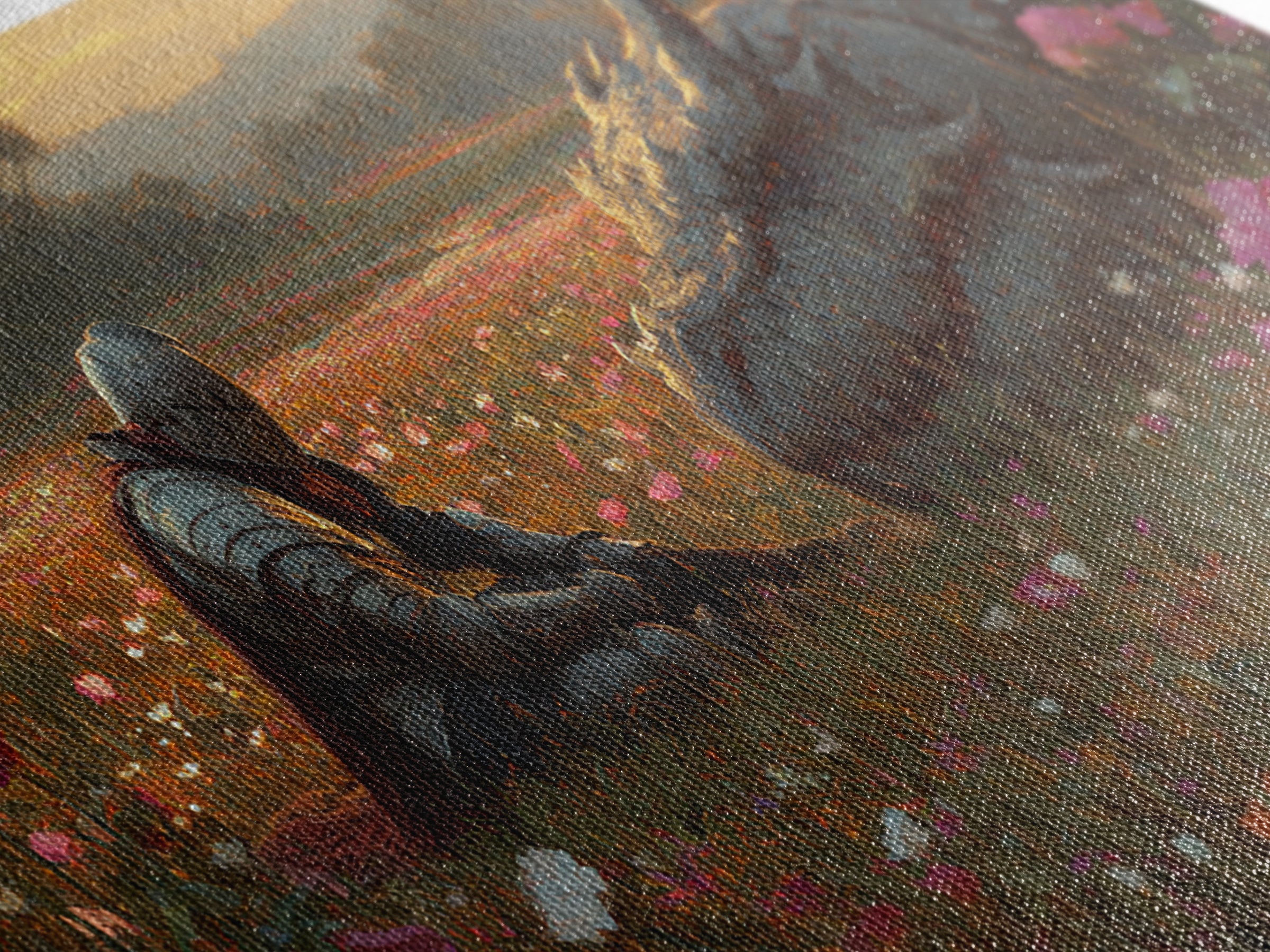 Resting Knight And Sleeping Dragon In Wildflower Meadow Framed Canvas Print, Fantasy Wall Art, Medieval Home Decor, Gift For Her