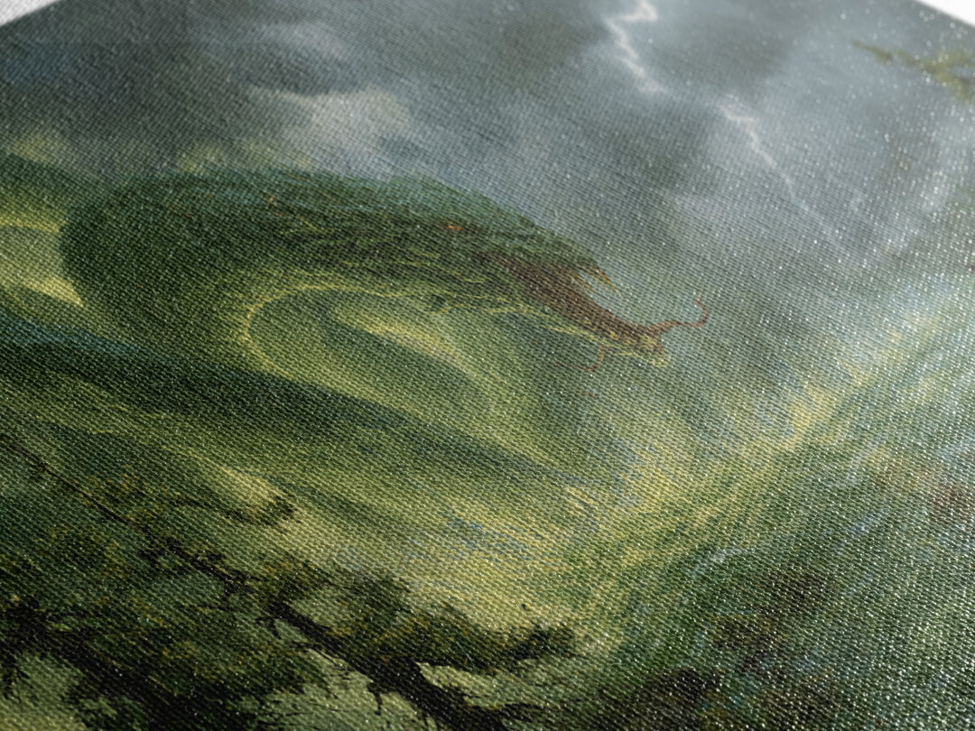 Giant Emerald Serpent In Stormy Marsh Canvas Print, Fantasy Wall Art, Dragon Artwork, Dark Academia Home Decor, Mystical Wall Decor