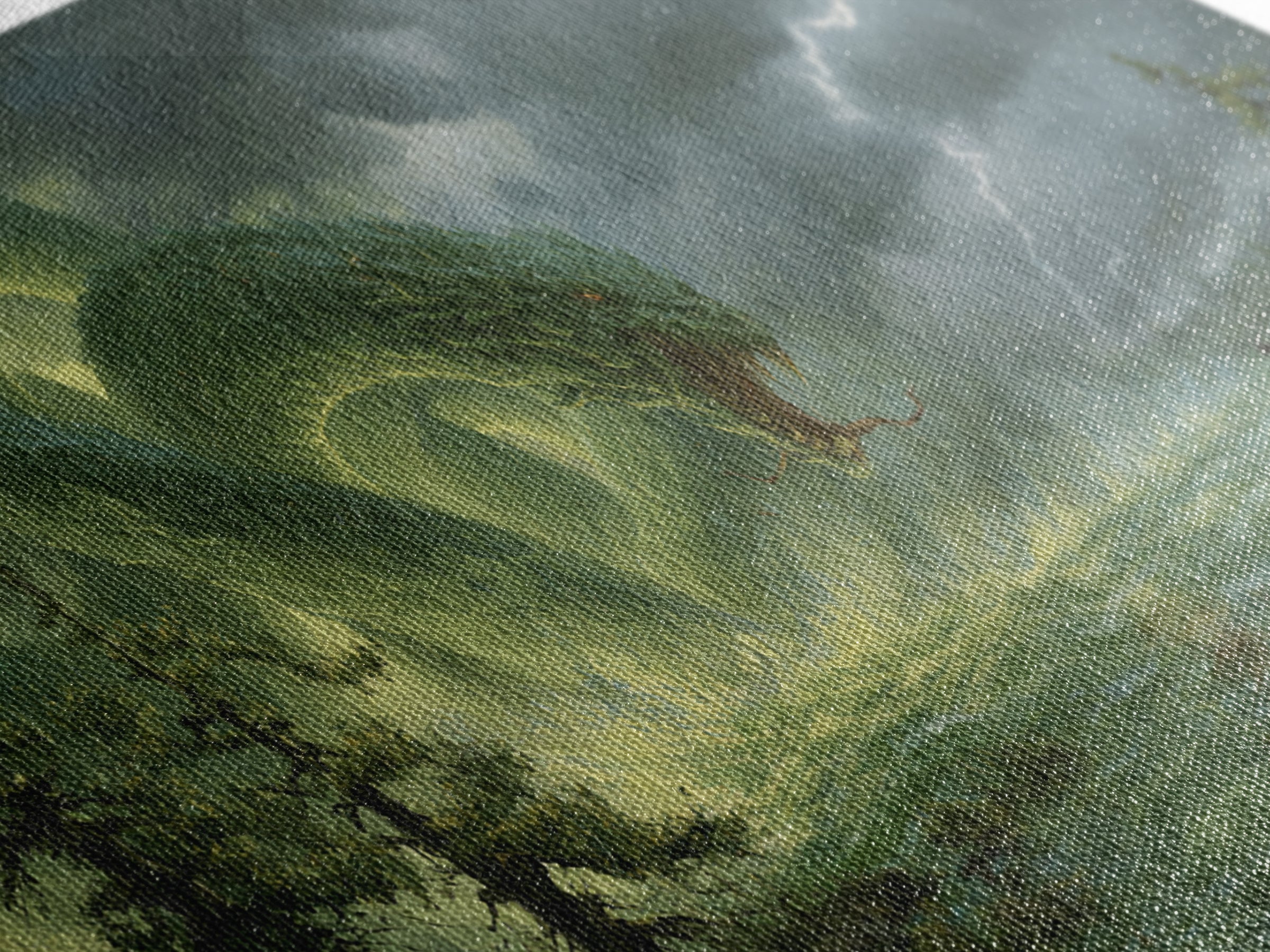 Giant Emerald Serpent In Stormy Marsh Canvas Print, Fantasy Wall Art, Dragon Artwork, Dark Academia Home Decor, Mystical Wall Decor