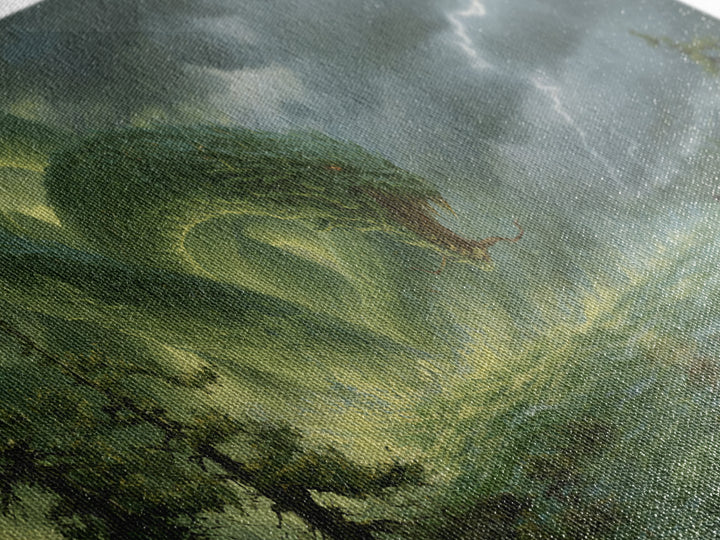 Giant Emerald Serpent In Stormy Marsh Canvas Print, Fantasy Wall Art, Dragon Artwork, Dark Academia Home Decor, Mystical Wall Decor