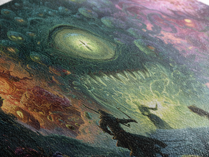 Adventurers Facing Cosmic Portal Monster Canvas Print, Surreal Fantasy Wall Art, Lovecraftian Game Room Decor Gift For Him