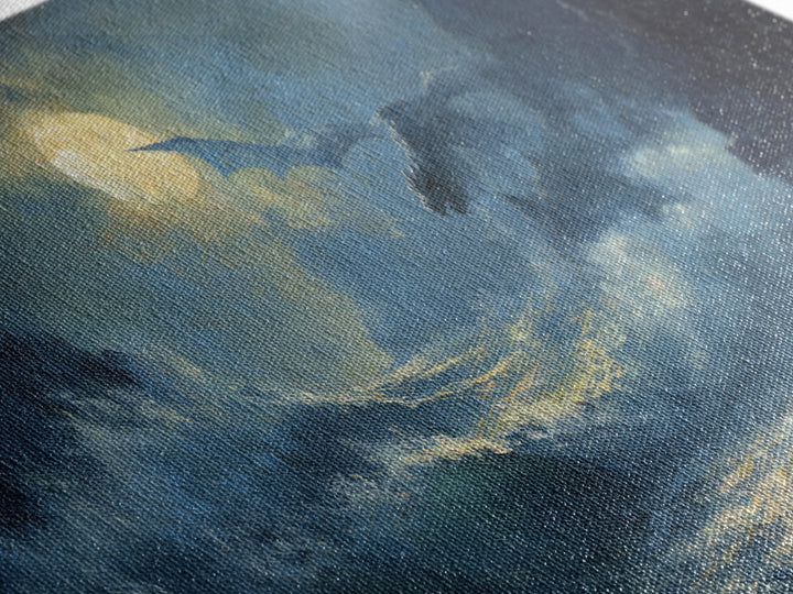 Moonlit Dragons Flying Over Stormy Ocean Waves Canvas Print, Fantasy Seascape Wall Art, Coastal Gothic Bedroom Decor Gift