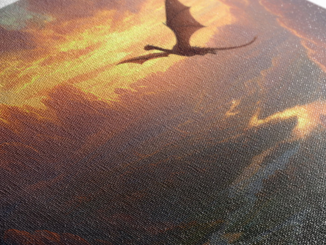 Sunset Dragon Over Golden River Valley Canvas Print, Fantasy Landscape Wall Art, Epic Castle Decor, Large Panoramic Artwork