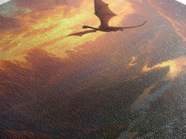 Sunset Dragon Over Golden River Valley Canvas Print, Fantasy Landscape Wall Art, Epic Castle Decor, Large Panoramic Artwork