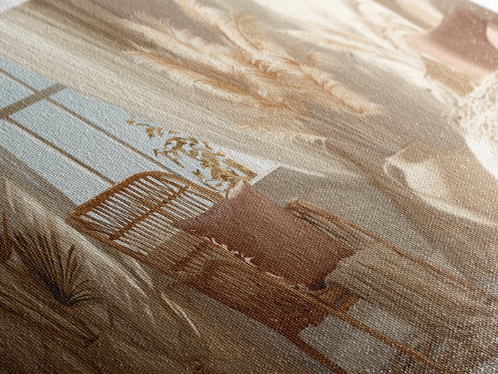 Sunlit Boho Bedroom With Pampas Grass Framed Canvas Print, Neutral Wall Art, Cozy Home Decor, Above Bed Decor Gift For Her