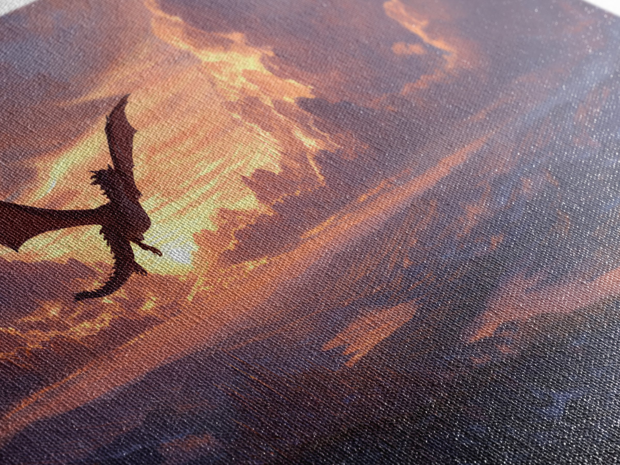 Black Dragon Gliding Above Sunset Kingdom Framed Canvas Print, Fantasy Landscape Wall Art, Castle Lake Decor, Epic Wall Decor