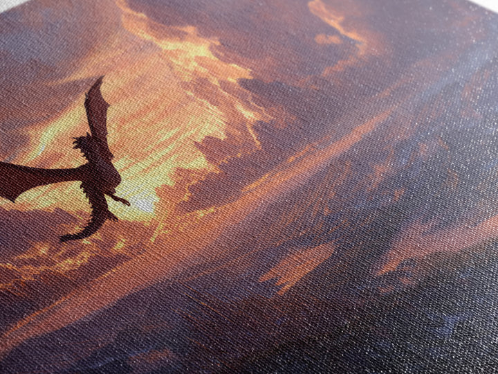 Black Dragon Gliding Above Sunset Kingdom Framed Canvas Print, Fantasy Landscape Wall Art, Castle Lake Decor, Epic Wall Decor