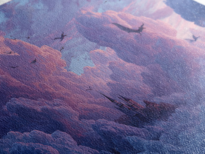 Dragons Soaring Through Lavender Clouds Canvas Print, Whimsical Fantasy Wall Art, Floating Castle Decor, Dreamy Sky Artwork