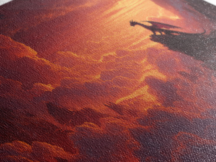 Lone Dragon On Cliff At Fiery Sunset Wall Art, Epic Fantasy Landscape, Medieval Castle Decor, Dramatic Canvas Print Gift