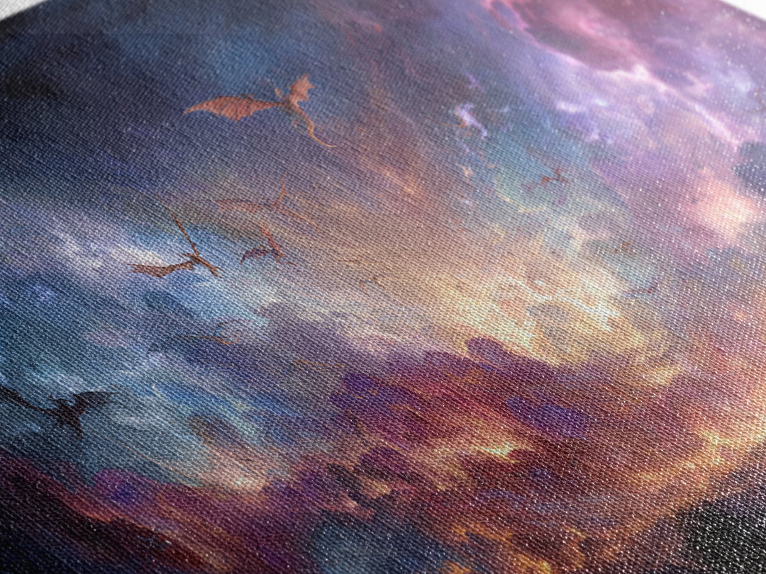 Dragons Flying Through Stormy Cosmic Sky Wall Art, Dark Fantasy Landscape Canvas Print, Surreal Decor, Gamer Room Art, Moody Wall Decor