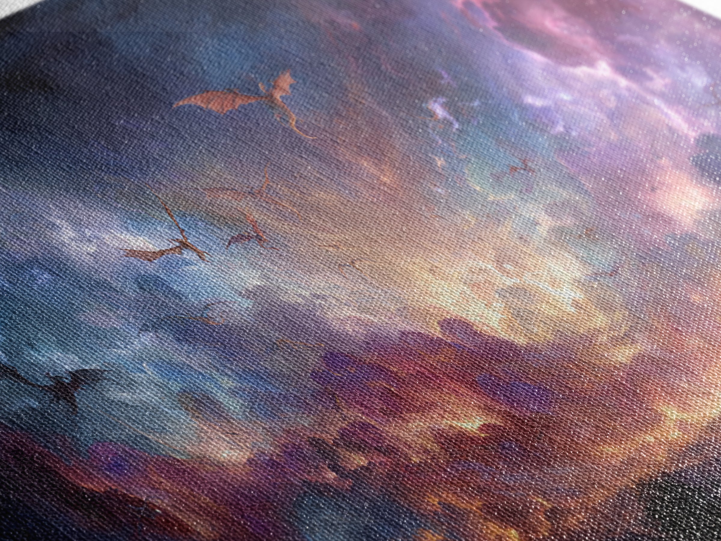 Dragons Flying Through Stormy Cosmic Sky Wall Art, Dark Fantasy Landscape Canvas Print, Surreal Decor, Gamer Room Art, Moody Wall Decor