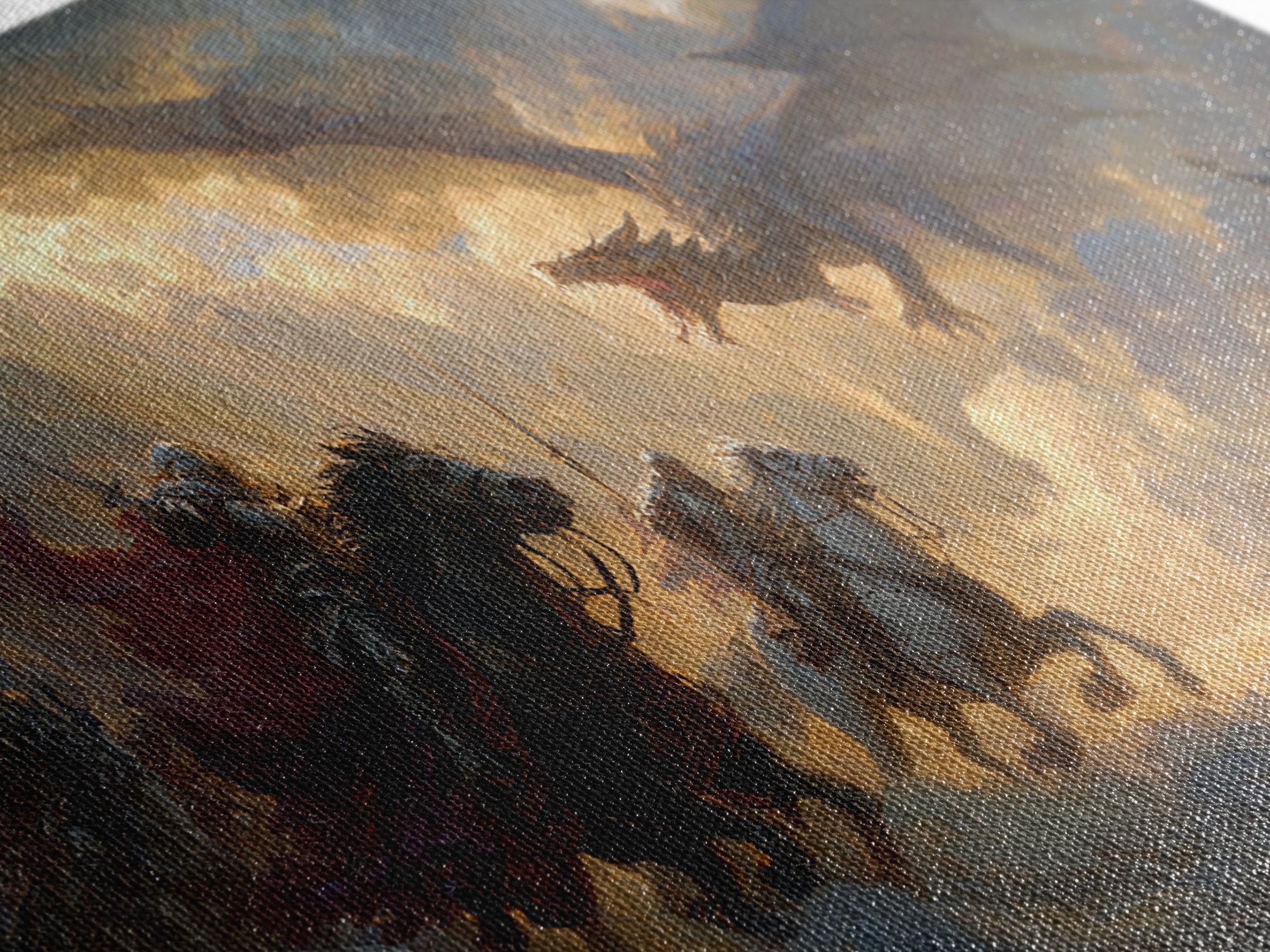 Knights Charging Toward Dragon In Stormy Sky Canvas Print, Epic Fantasy Wall Art For Gamer Room And Medieval Home Decor Gift