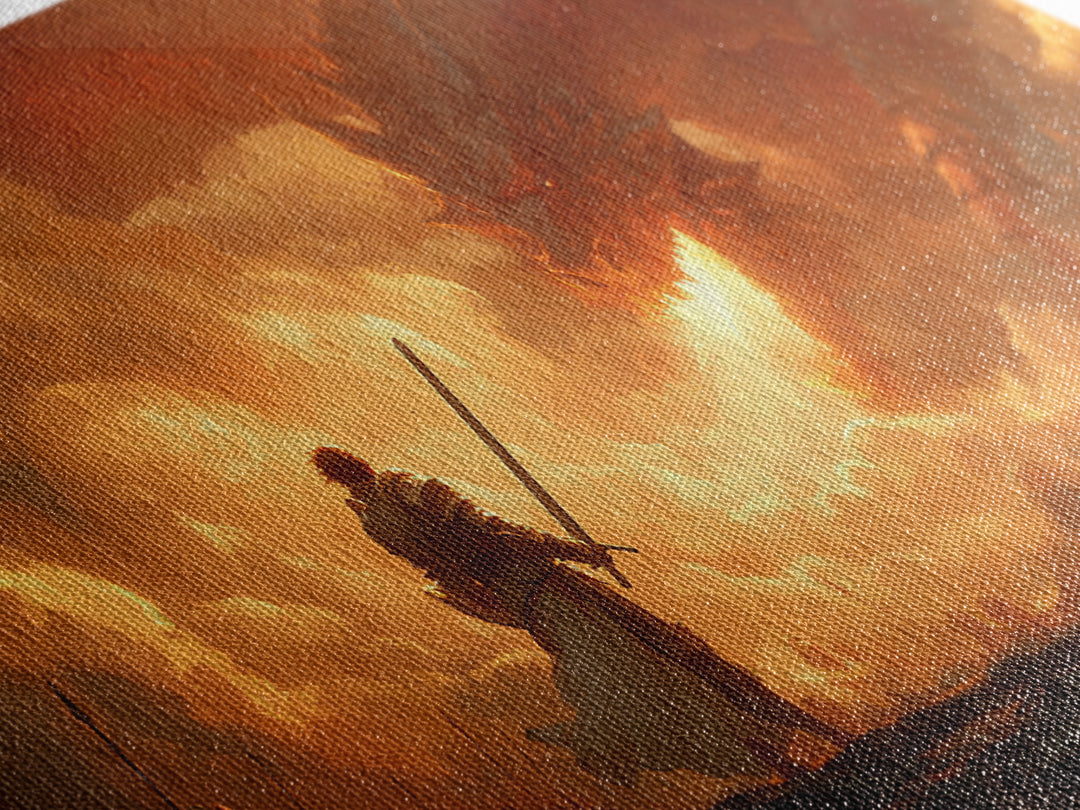Lone Swordsman Facing Fire Dragon Wall Art, Dark Fantasy Canvas Print For Medieval Decor, Gamer Room, And Unique Gift For Him