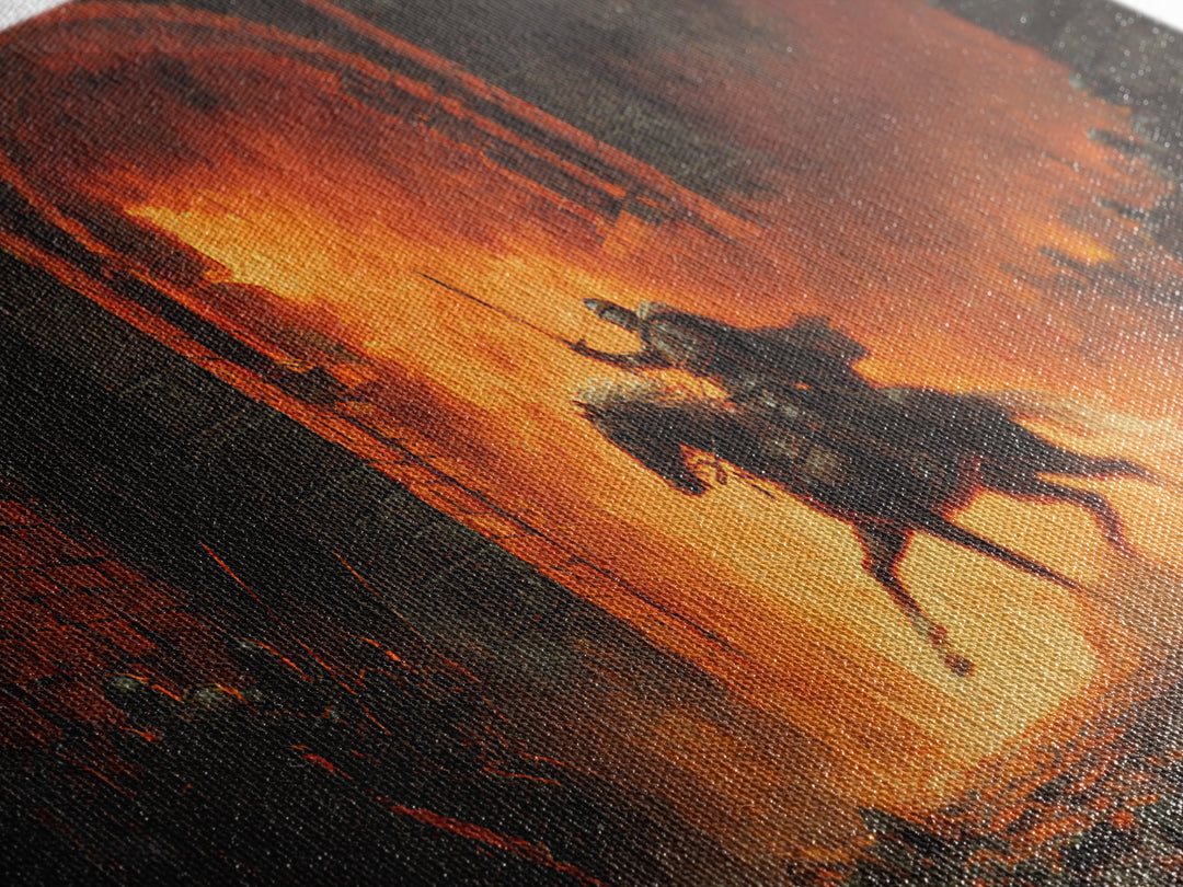 Mounted Knight Riding Through Fiery Gate Wall Art, Medieval Fantasy Canvas Print For Dark Castle Decor And Gamer Gift Idea