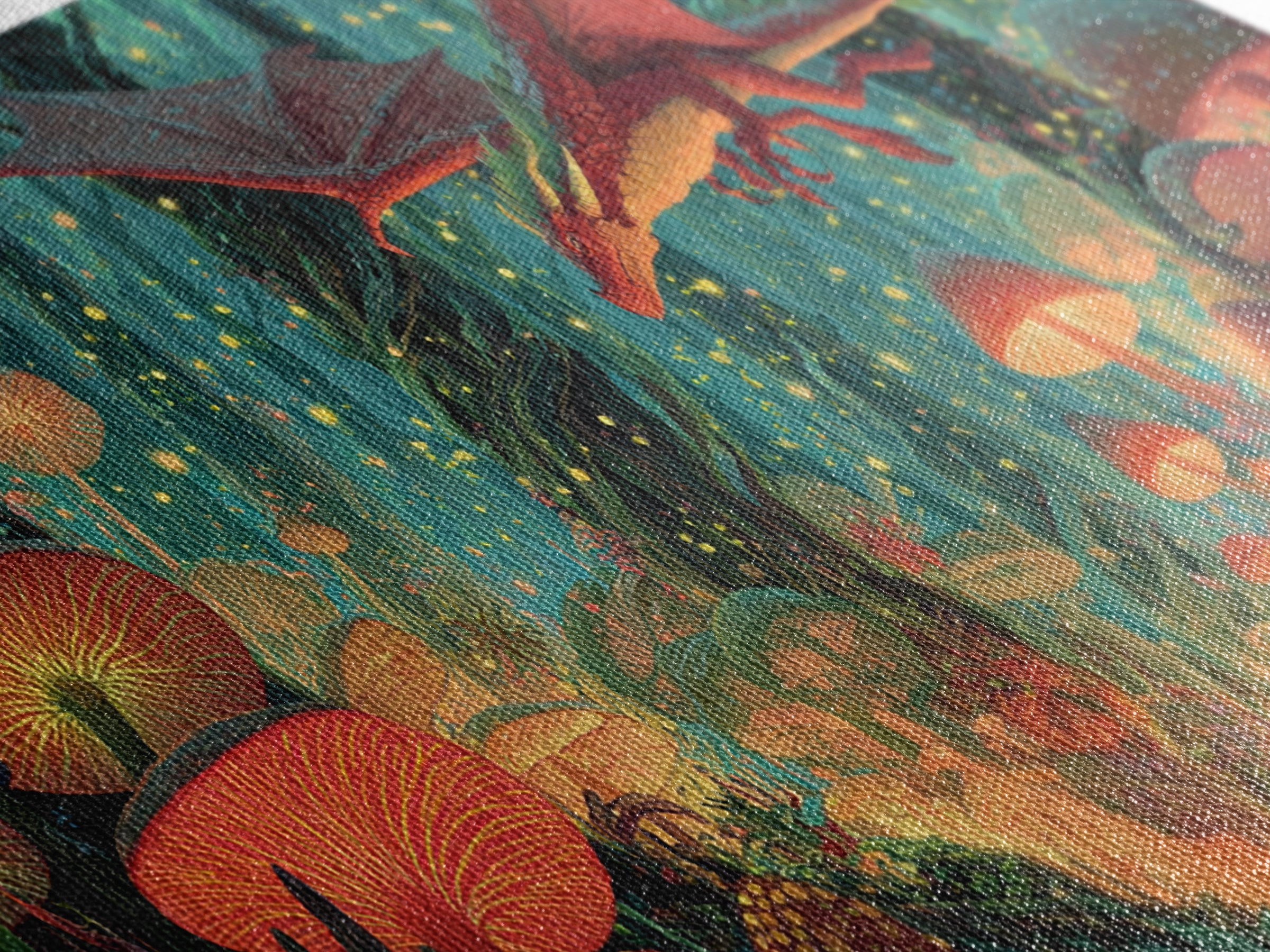 Red Dragon Over Glowing Mushroom Forest Wall Art, Whimsical Fantasy Canvas Print, Enchanted Woodland Kids Room Decor Gift