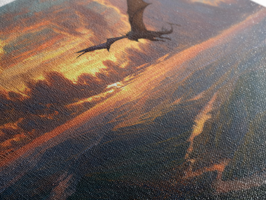 Dragon Flying Over Sunset Valley Wall Art, Epic Fantasy Canvas Print, Mountain Landscape Decor, Mythical Adventure Art Print