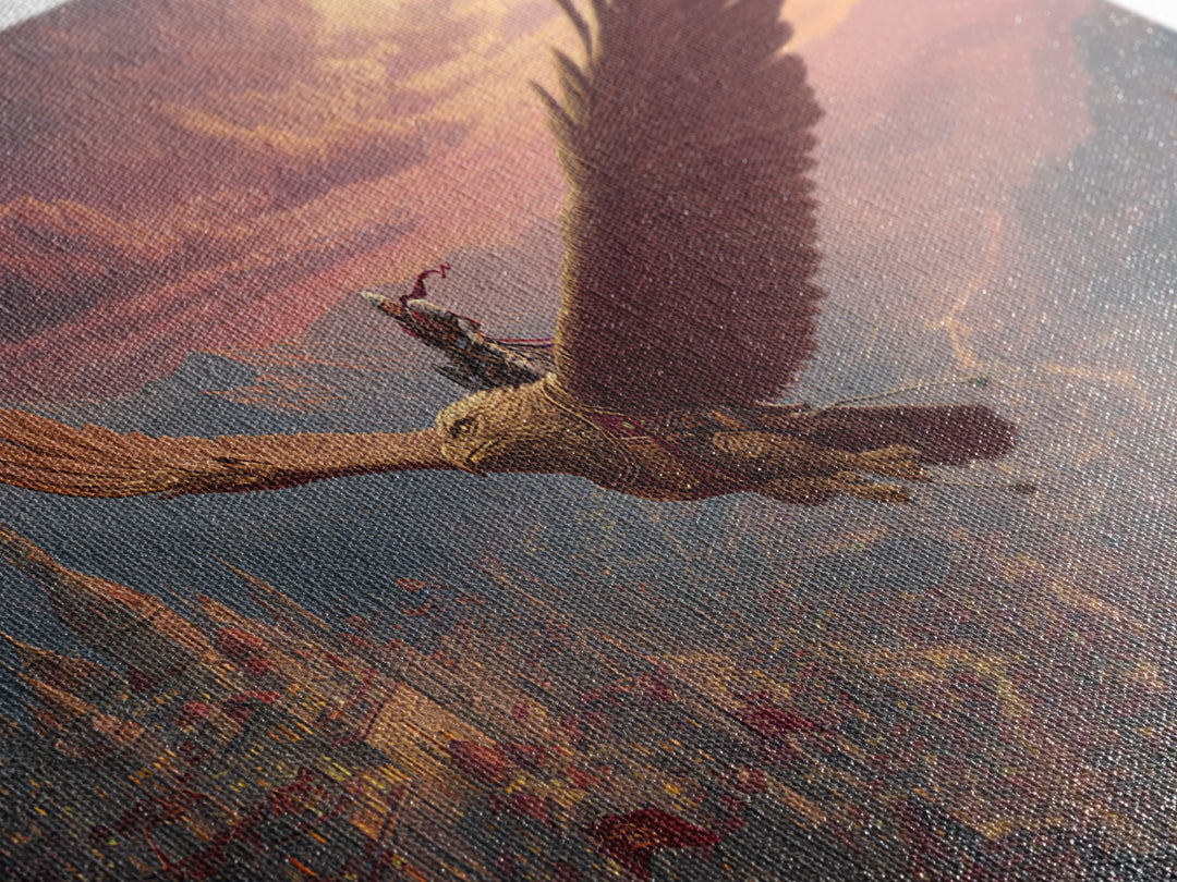 Epic Eagle Rider Over Kingdom Wall Art, Fantasy Canvas Print, Mythical Landscape Art For Gamer Room, Study, And Office Decor