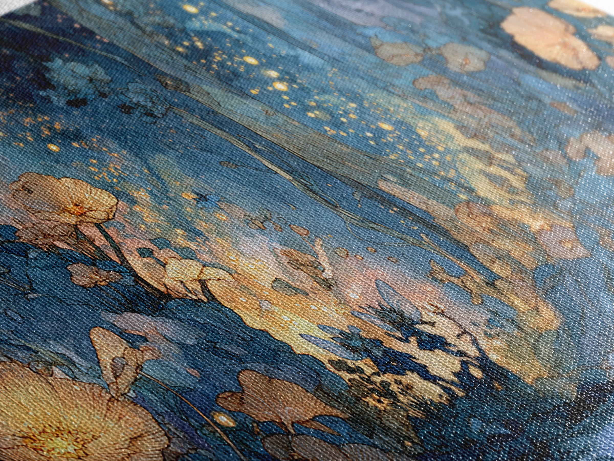 Glowing Blue Fairy Forest Canvas Print, Whimsical Floral Wall Art, Enchanted Woodland Decor, Firefly Fantasy Print, Nursery Wall Decor