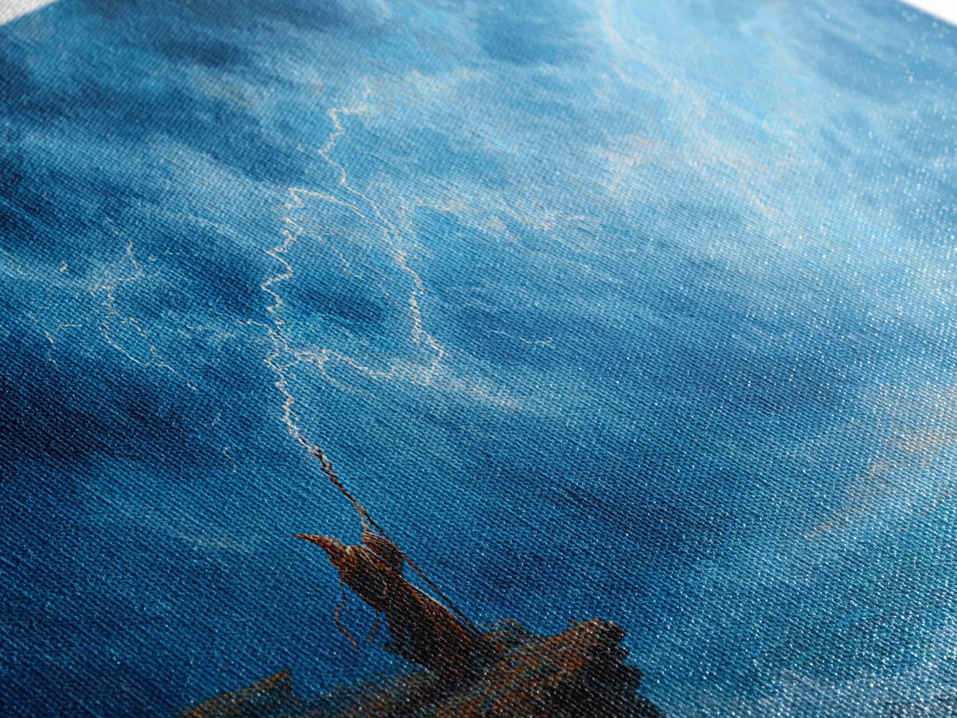 Lone Mage Facing Lightning Storm Wall Art, Fantasy Seascape Canvas, Blue Ocean Painting, Dramatic Large Wall Decor For Him