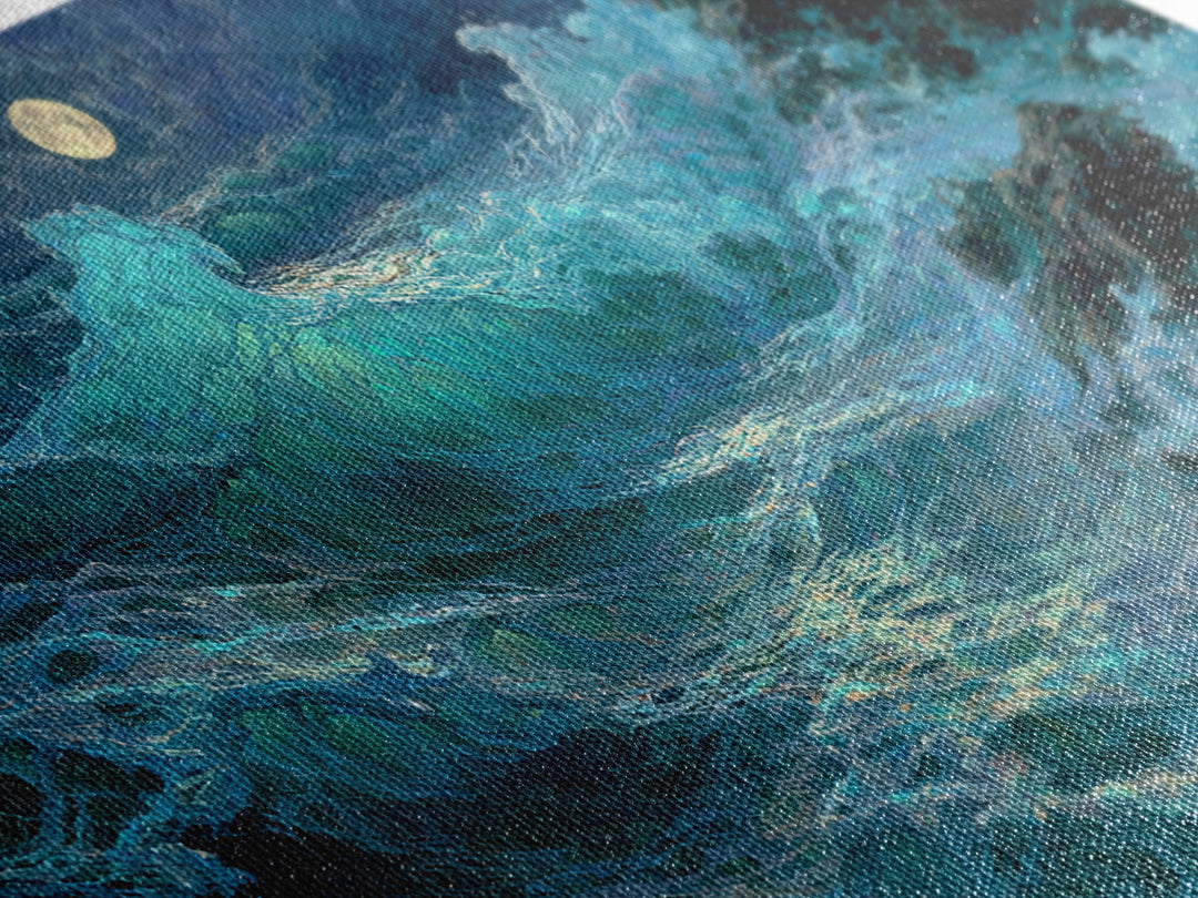 Moonlit Turquoise Ocean Waves Canvas Print, Coastal Wall Art, Seascape Painting, Nautical Decor, Moody Beach House Gift Idea