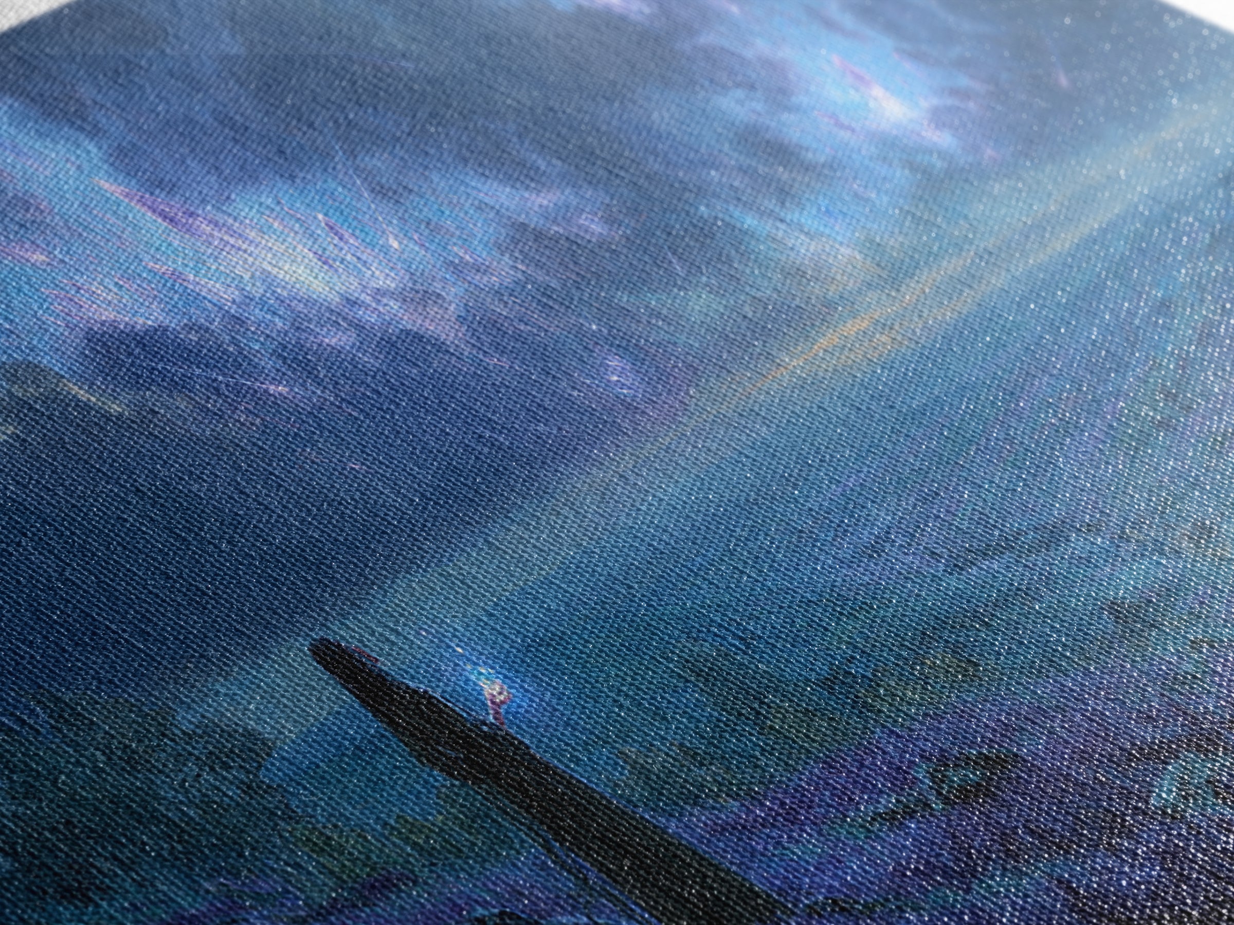 Cosmic Sorceress Under Meteor Sky Wall Art, Fantasy Landscape Canvas, Celestial Space Decor, Mystical Blue Home Decor Gift