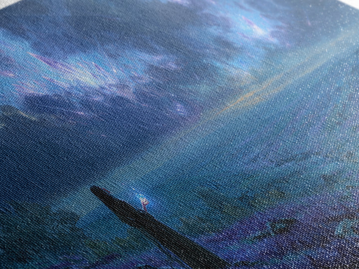 Cosmic Sorceress Under Meteor Sky Wall Art, Fantasy Landscape Canvas, Celestial Space Decor, Mystical Blue Home Decor Gift