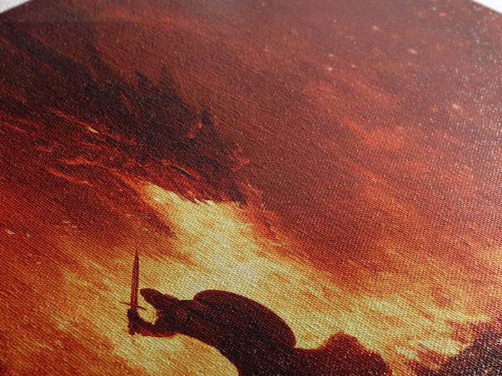Dragon Fire Battle Canvas Print, Epic Fantasy Wall Art, Warrior Vs Dragon Painting, Dark Fantasy Home Decor Gift For Gamer Room