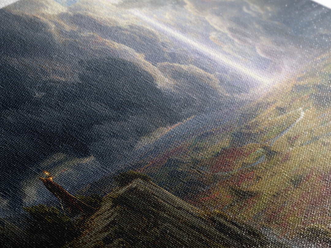 Divine Light Over Epic Battlefield Canvas Print, Fantasy Landscape Wall Art, Dark Academia Decor, Statement Artwork, Large Wall Art