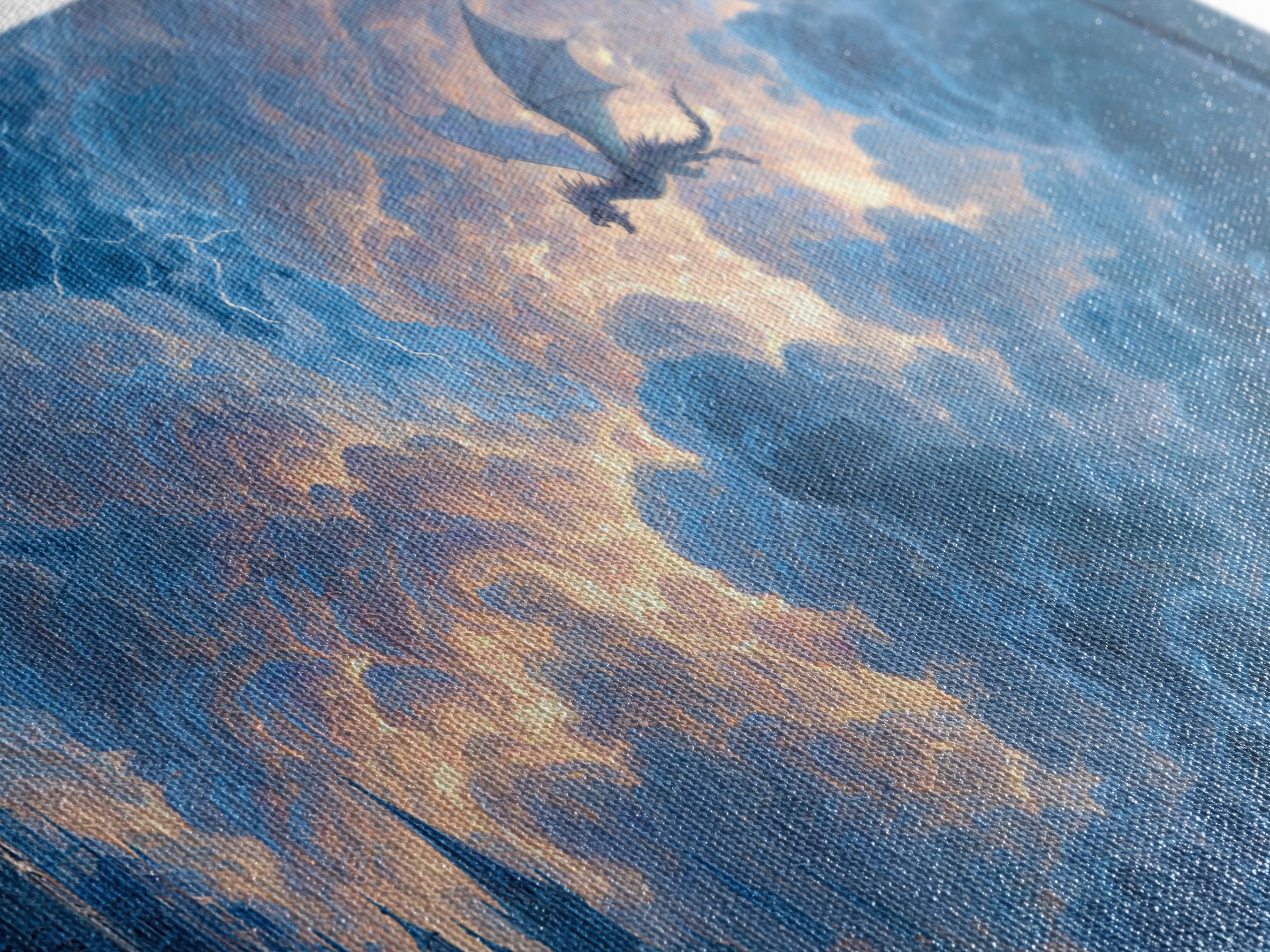 Storm Dragon Soaring Over Cloud Castles Framed Canvas Print, Fantasy Wall Art, Dramatic Sky Art, Medieval Home Decor, Gift For Him