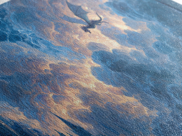 Storm Dragon Soaring Over Cloud Castles Framed Canvas Print, Fantasy Wall Art, Dramatic Sky Art, Medieval Home Decor, Gift For Him