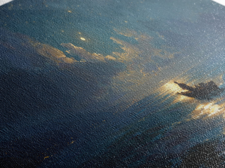 Moonlit Ocean Boat Under Starry Sky Wall Art, Celestial Seascape Canvas Print, Nautical Decor, Romantic Coastal Artwork Gift