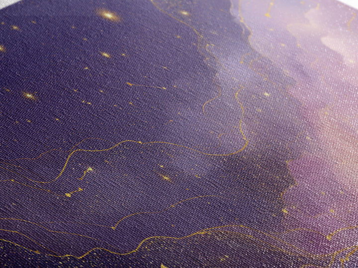 Purple Starry Sky With Gold Constellations Wall Art, Celestial Canvas Print, Mystical Bedroom Decor, Astrology Gift For Her