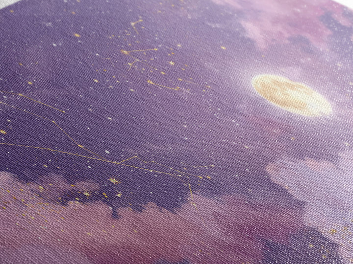 Full Moon Purple Night Sky Wall Art, Gold Constellations And Clouds Canvas Print, Celestial Bedroom Decor Gift, Astrology Wall Decor