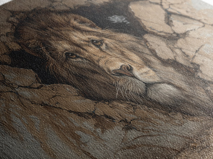 Cracked Wall Lion Mural Wall Art, Wildlife Graffiti Canvas Print, Big Cat Street Art, Urban Decor For Modern Living Room