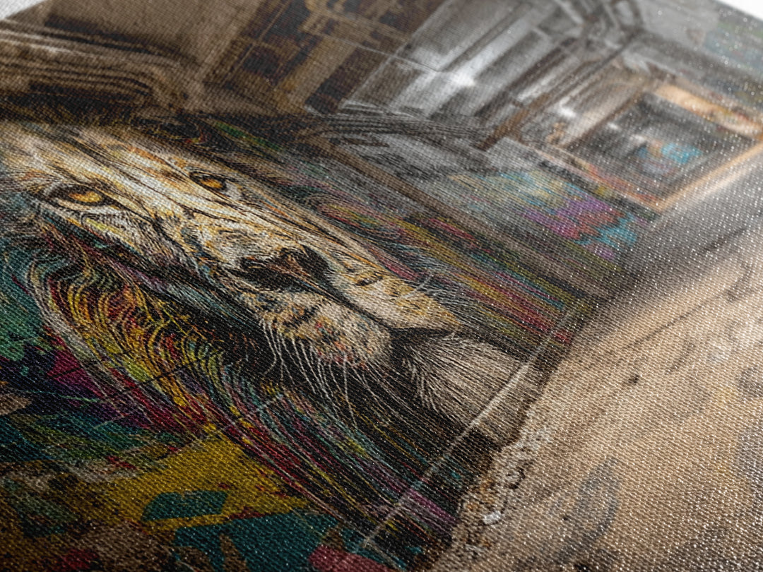 Underground Lion Graffiti Wall Art, Urban Street Art Canvas Print, Industrial Decor, Bold Wildlife Mural For Loft Office