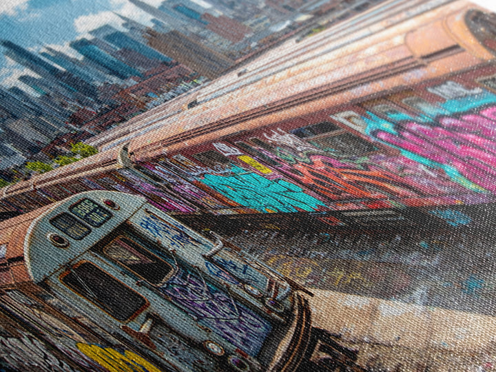 Graffiti Subway Trains With New York Skyline Wall Art, Urban Street Art Canvas Print, NYC Decor, Industrial Office Poster