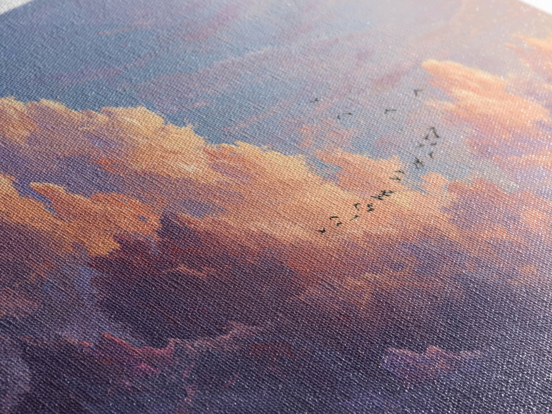 Dramatic Pastel Cloudscape With Birds Canvas Print, Sunset Sky Wall Art, Large Landscape Decor For Living Room, Office Decor