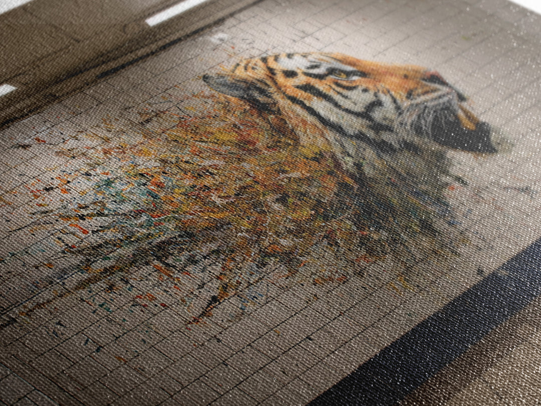 Exploding Tiger Subway Mural Wall Art, Urban Street Art Canvas Print, Bold Animal Decor, Maximalist Gift For Him Modern Loft