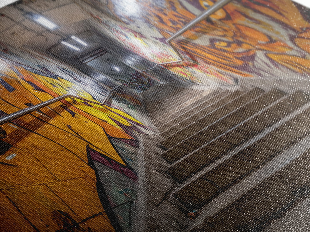 Graffiti Stairway Tunnel Wall Art, Underground Urban Street Art Canvas Print, Gritty Industrial Decor, Colorful Modern Art