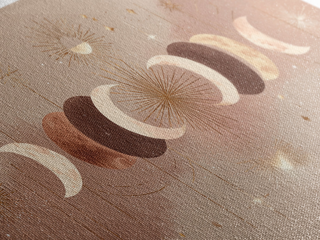 Boho Moon Phases And Radiant Sun Wall Art, Celestial Decor, Mystical Stars Print, Neutral Boho Bedroom Gallery Canvas Print