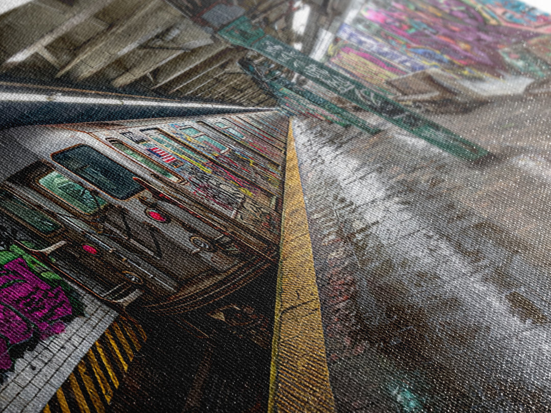 Graffiti Subway Train And Gritty Underground Platform Wall Art, Urban Street Art Print, City Decor, Industrial Home Decor