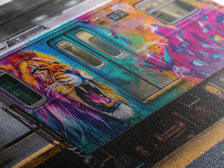 Colorful Lion Graffiti Train Canvas Print, Urban Street Art Wall Art, Dopamine Decor, Bold Pop Art Subway Photography Print